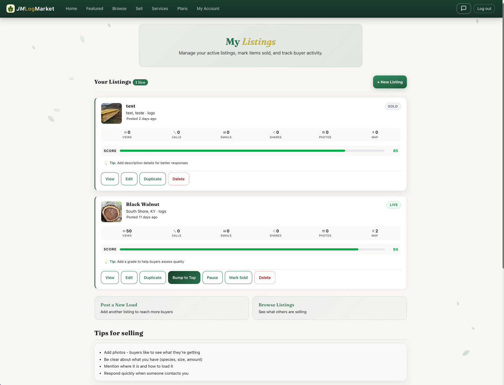 My Listings dashboard showing active listings and scores