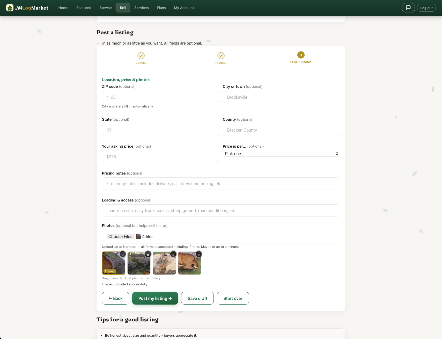 Sell form — location, price & photos step on desktop