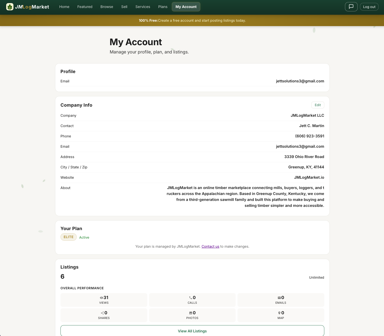 JMLogMarket account page