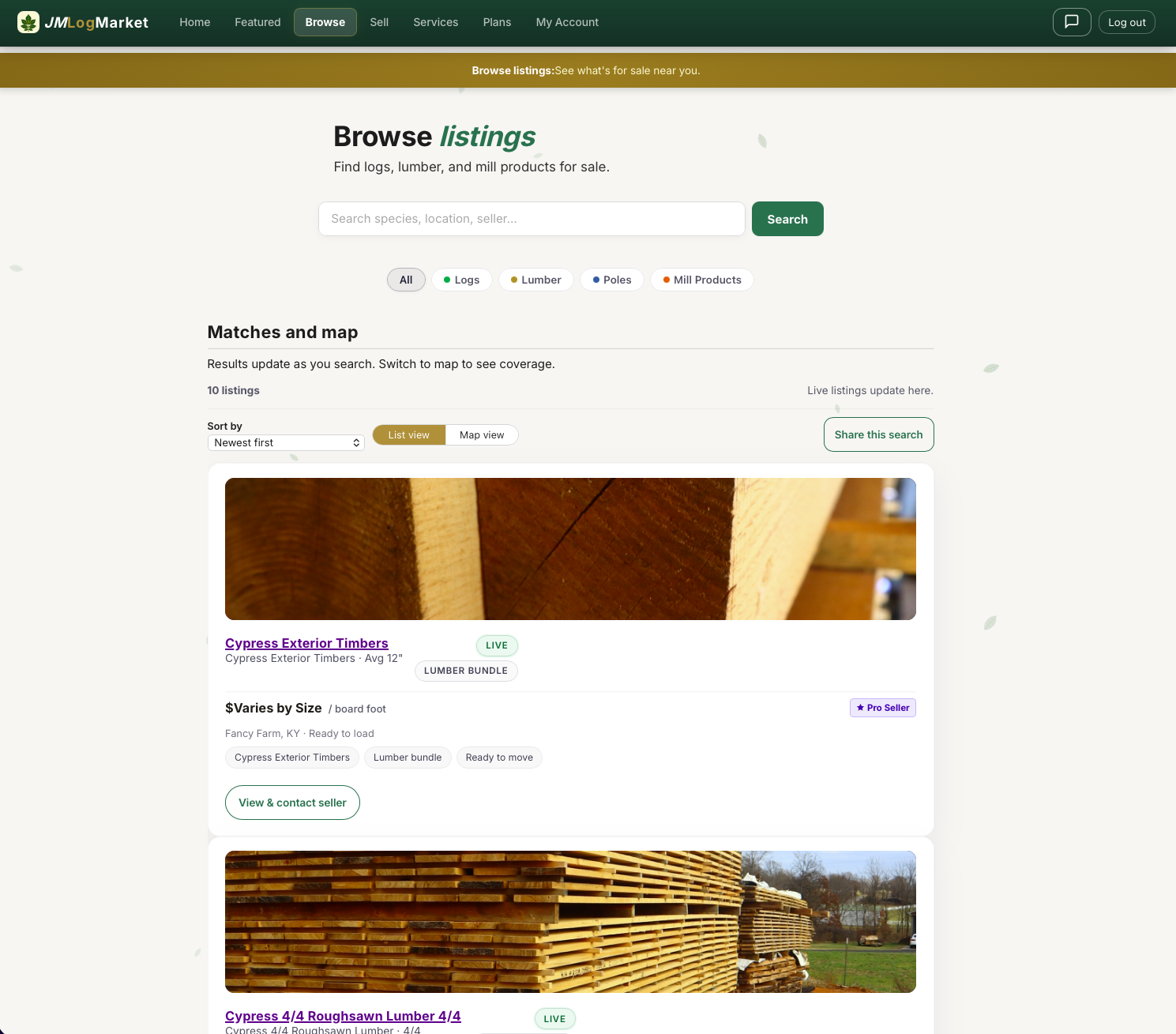 JMLogMarket browse page