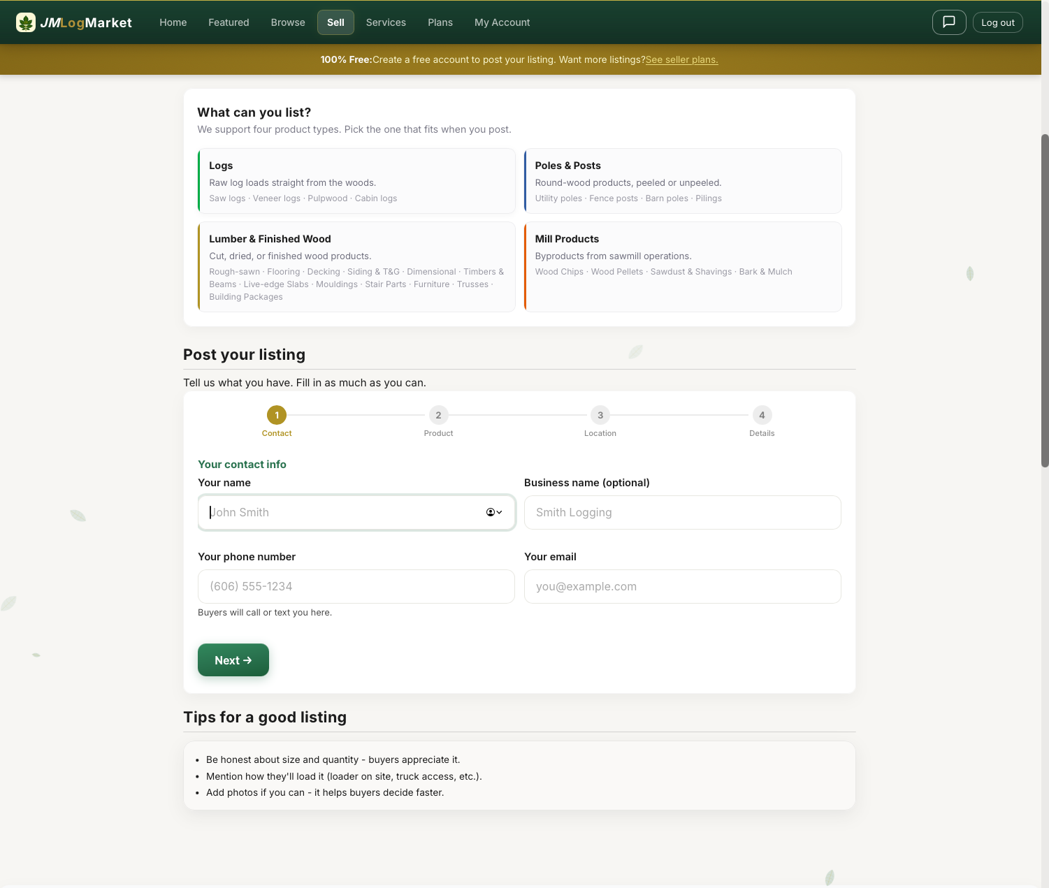 JMLogMarket seller form